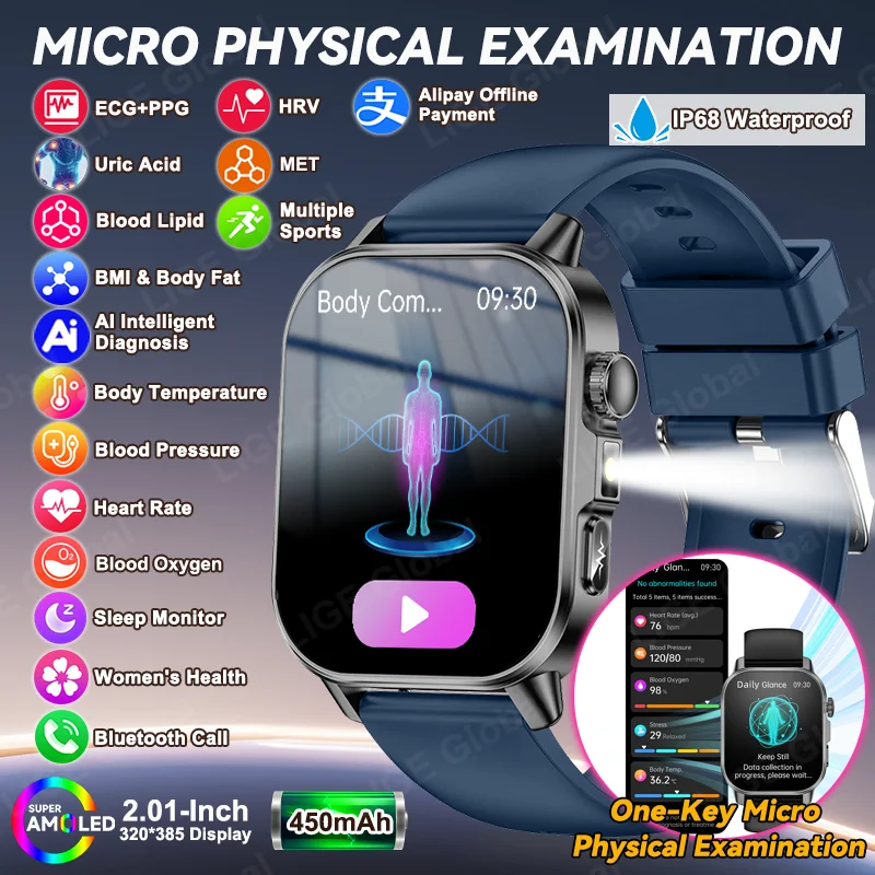 

LIGE New ECG+PPG Smart Watch Blood Fat Uric Acid Blood Oxygen Pressure Body Temperature Bluetooth Call Men Women Health Watches