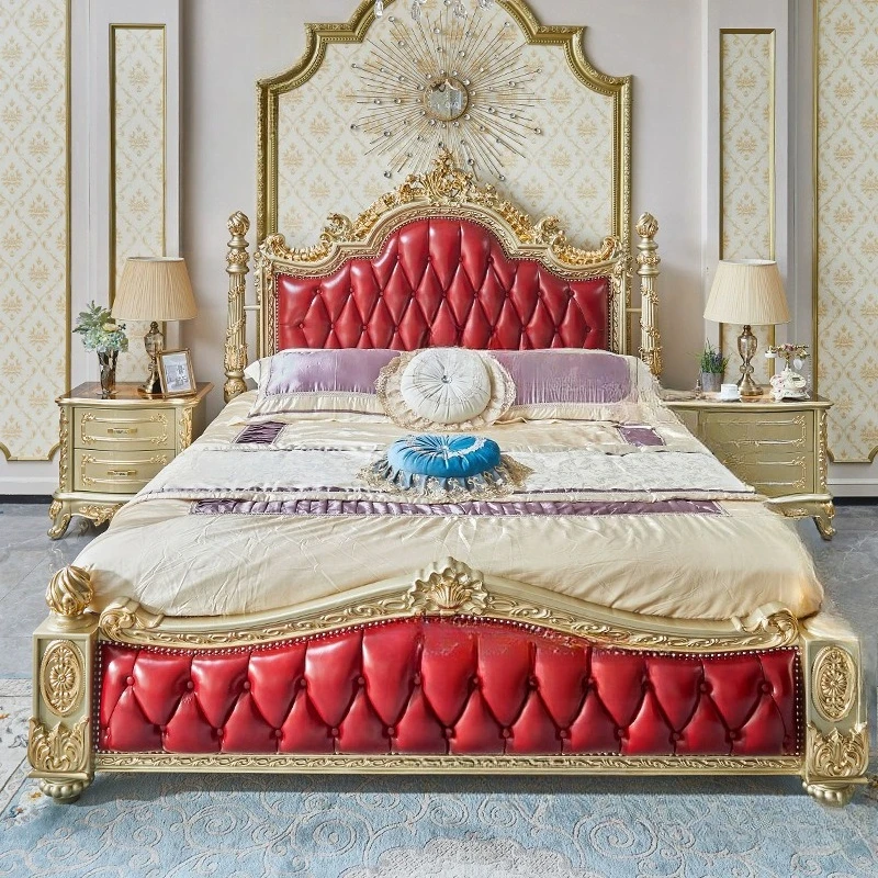 Cama doble de cuero europeo tallada a mano francesa 1,8 metros cama doble dormitorio principal cuero de madera maciza 2 metros