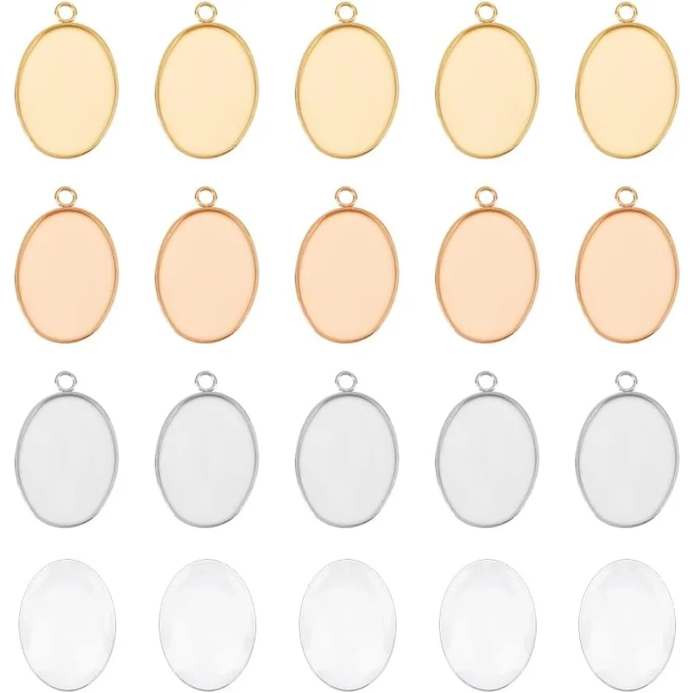 

40 Sets 2 Colors 13x18mm Oval Tray Pendants Making Stainless Steel Pendants and Clear Glass Cabochon for Necklaces Jewelry