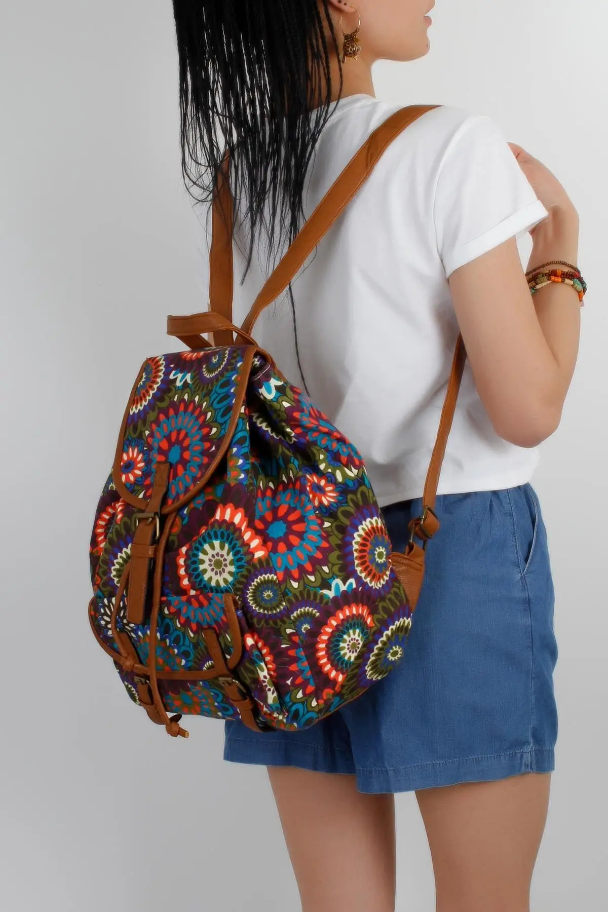 Women White Floral Print Cloth Backpack