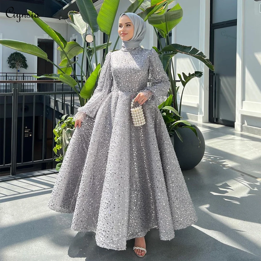 Ciynsia High Neck Luxury Beaded Hijab Muslim Evening Dresses Long Sleeves Islamic Formal Prom Gown Arabic Dubai فستان سهرة نسائي