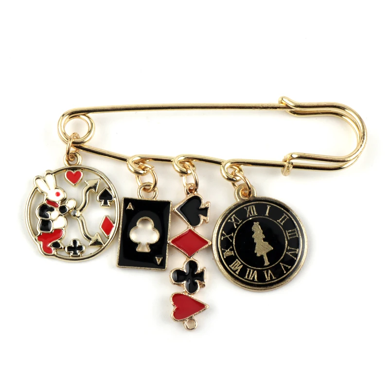 Alice inWonderland Cartoon Brooch Buckle Safety Pins Cute Metal Enamel Rabbit Clock Poker Shape Women Children Bags Hat Badge