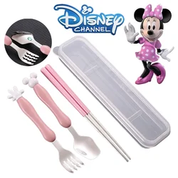 Disney-vajilla de Mickey y Minnie Mouse para niños, juego de cuchara y tenedor de dibujos animados, cuchara de postre, tenedor para alimentación de bebé, cubertería para niños