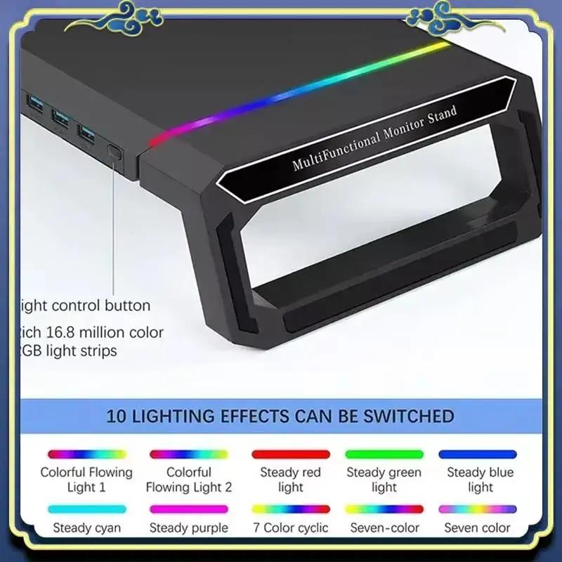 

Portable Sleek PC Monitor Stand With 4USB Ports, RGB Lighting & Fast USB2.0 Charging For Keyboard Storage