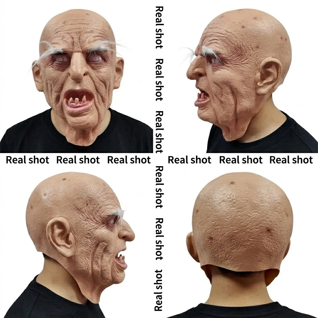 Realistische Horror-Maske eines alten Mannes aus Latex mit faltigem Gesicht, krummen Zähnen und weißen Augenbrauen, gruseliges Halloween-Kostüm, Party-Requisite – Detail 4
