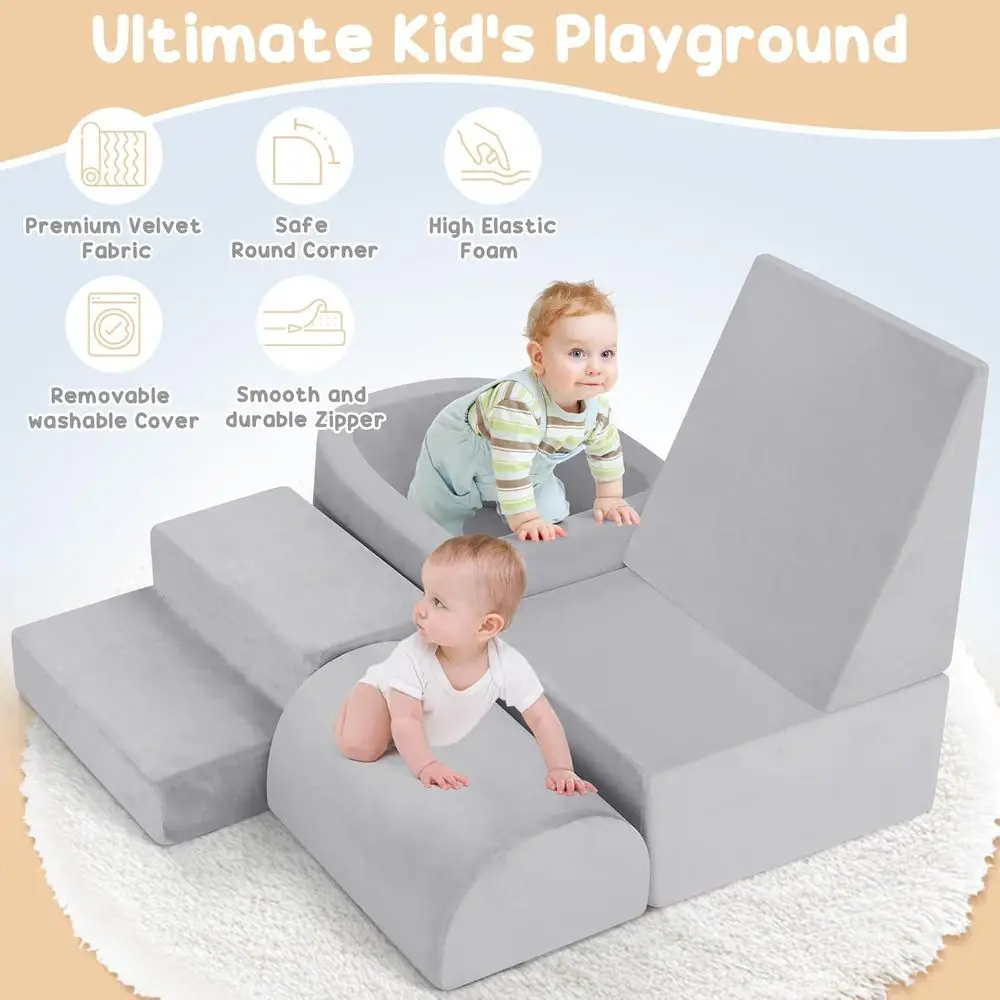 Indoor Toddler Climbing Blocks with Ball Pit, Soft Play Set for Kids (Grey, Balls Not Included)