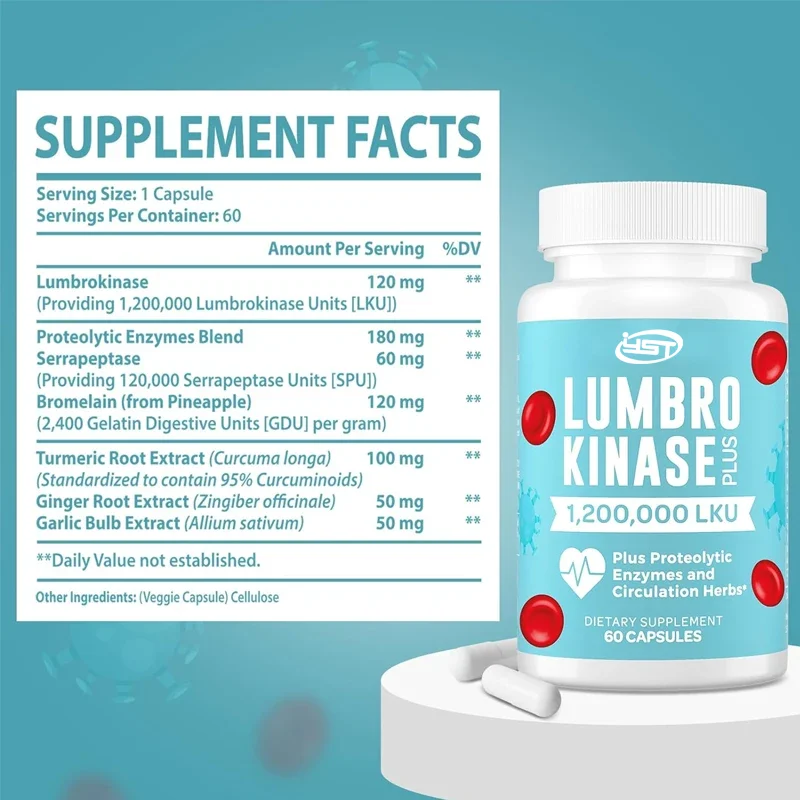 Lumbrokinase supplement, 1.2 million LKU - containing a mixture of proteolytic enzymes and herbal ingredients