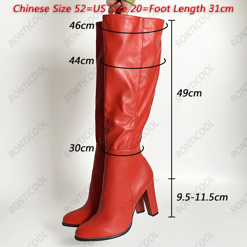 Ronticool High Quality Handmade Women Winter Knee Boots Side Zipper Chunky Heels Round Toe Black Dress Shoes Plus US Size 5-20