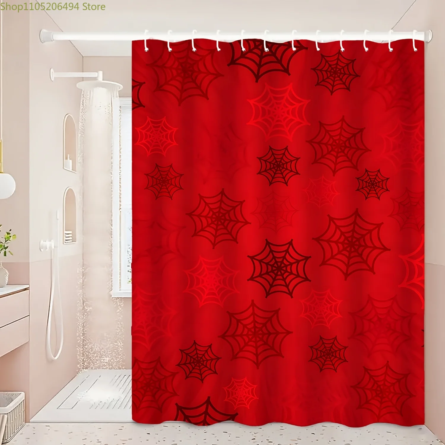 

A Printed Shower Curtain Featuring a Red Spider-Man Web Design, Made of Durable Polyester Fabric, Suitable for Cozy Home Bathr