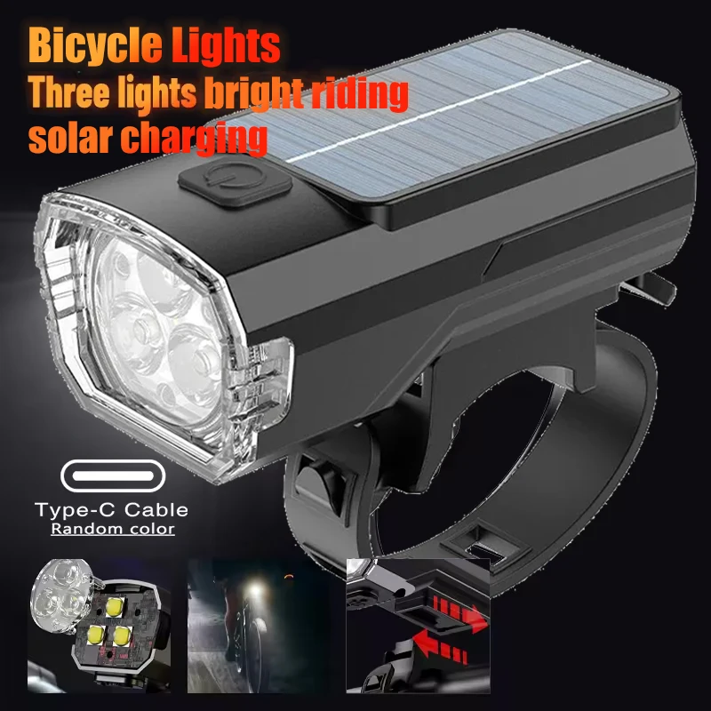 ضوء دراجة بالطاقة الشمسية TYPE-C مصباح يدوي قابل لإعادة الشحن لركوب الدراجات 3 أوضاع إضاءة أمامي مقاوم للماء ملحقات ركوب الدراجات الليلية #1