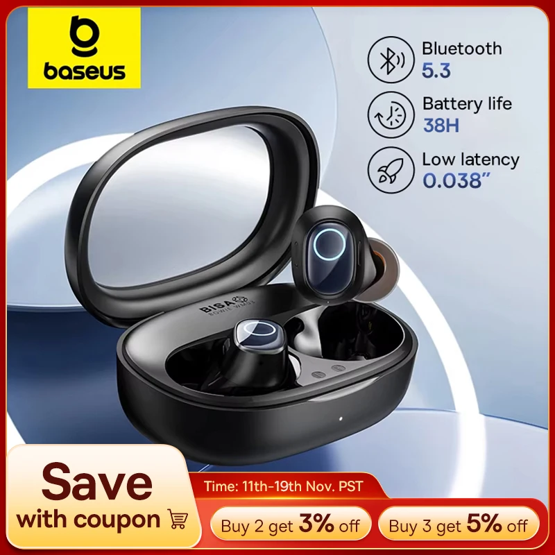 Baseus WM03 Wireless Earphones Bluetooth 5.3 Earbuds Comfortable Wear 38 hours Long Battery Life 0.038s Low Latency Headphones