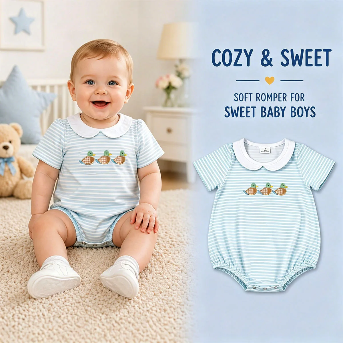 Newborn Baby Embroidery Ducks Boys Short Sleeve Collar Hunting Stripe Romper Cutest Jumpsuit Children Onesies Clothing Wholesale