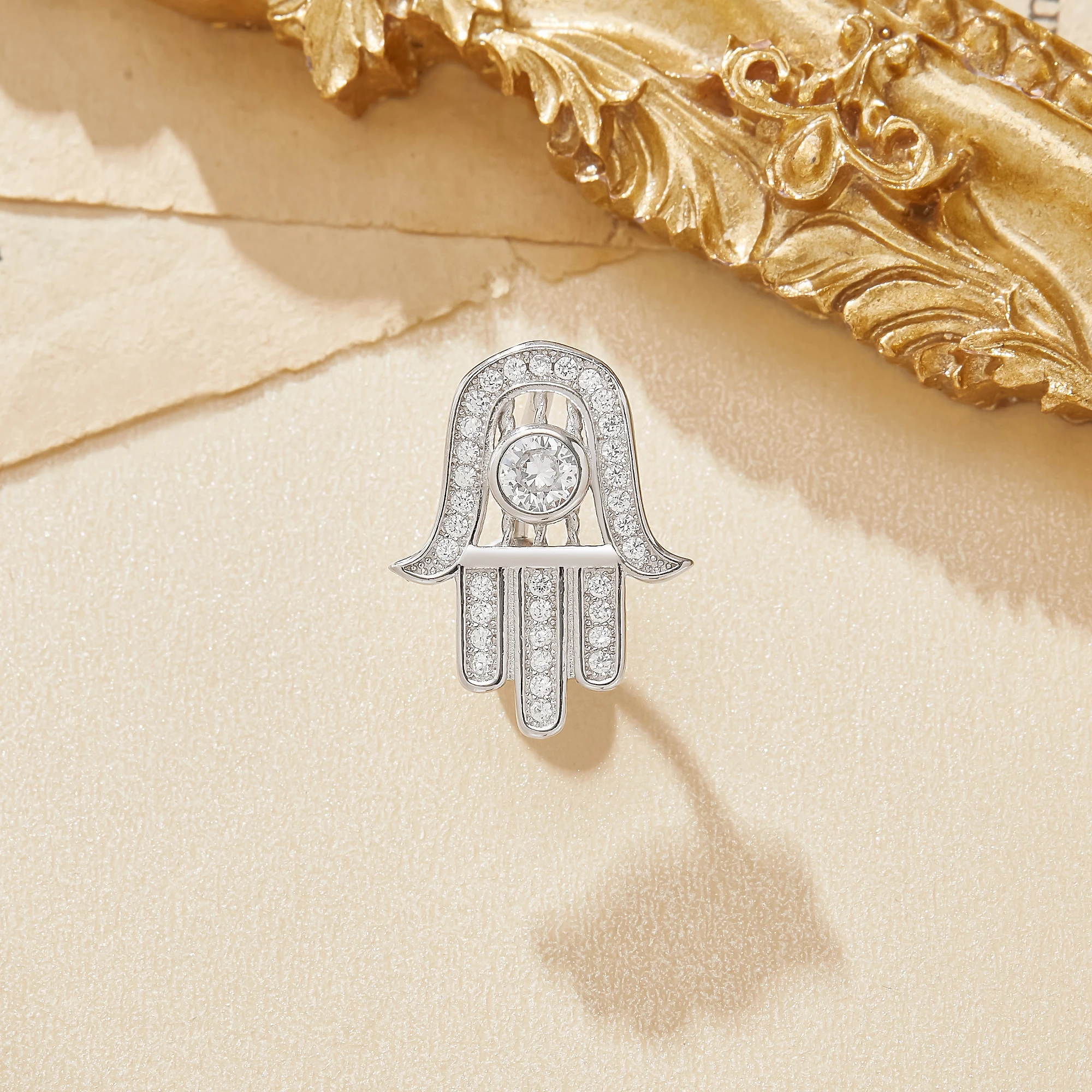 Chic Sparkling Hamsa Hand Solid 925 Sterling Silver Belly Button Ring Body Piercing Jewelry Navel Bar Curved Barbell 6710042