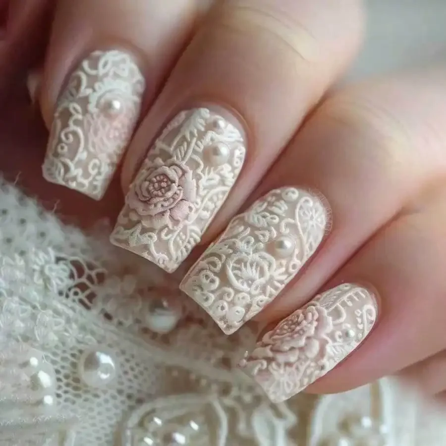 24Pcs 3D Lace Floral Nail Kit, Gothic Rock Pearl Gems, Long Coffin DIY Durable, Free Shipping