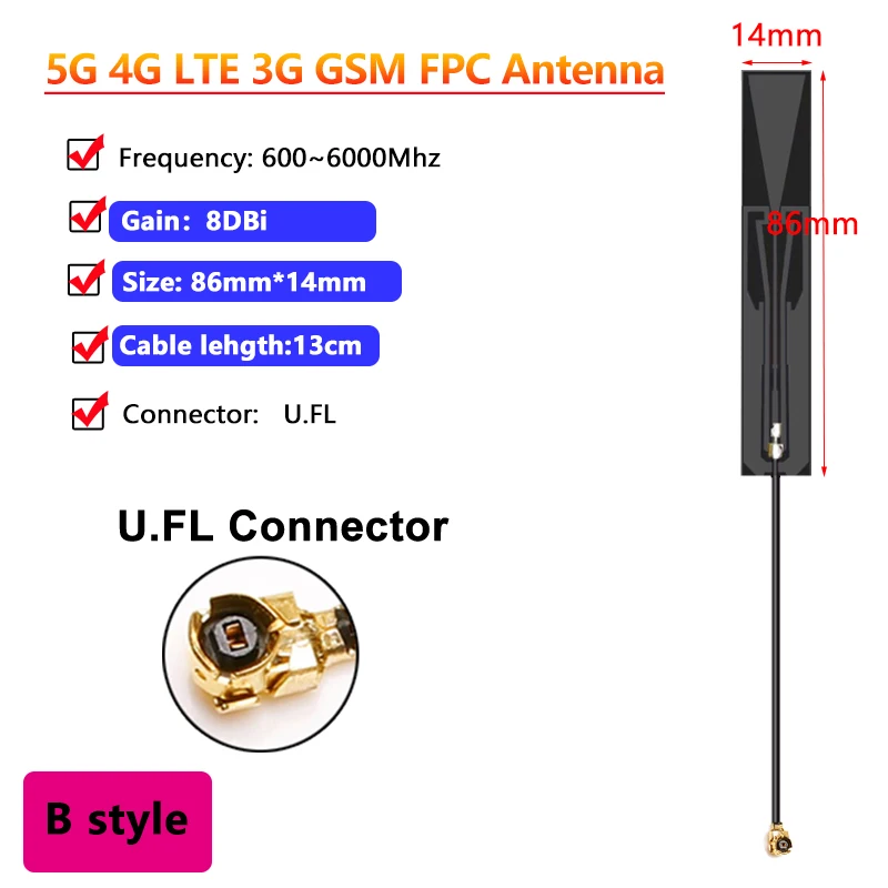 10PCS 5G 4G LTE 3G GSM Interne FPC Printplaat Patch Antenne 600 ~ 6000Mhz Omni WiFi 8 ~ 10DBI Antenne Signaal Boost U.fl