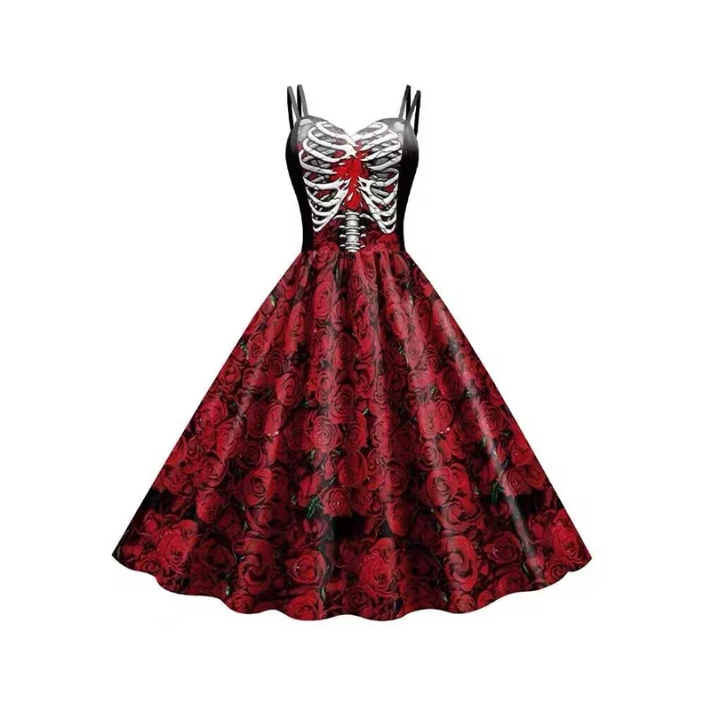 

Rose Skeleton Print Halloween Dresses For Women Strapless Gothic Cocktail Punk Vintage Hepburn Party Tunic Skirt Costume Black