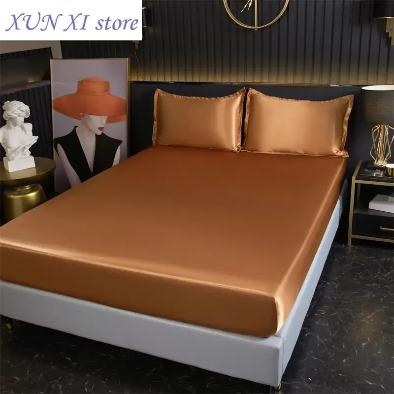 

Smooth Fitted Sheet Pillowcase Summer Cooling Bedsheet with Elastic Band Queen Size Mattress Cover Solid Color Bed Linen