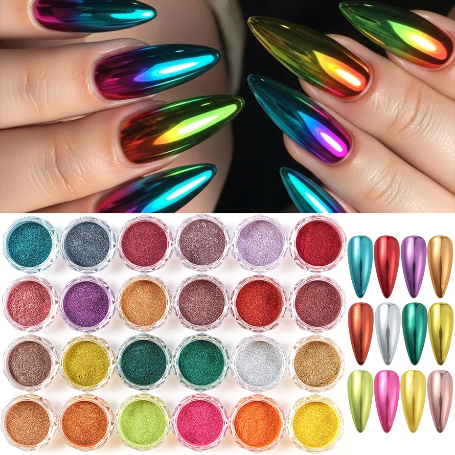 

24 коробки, металлическая хромированная пудра для ногтей, пигментное зеркало, серебро, золото, блестящая пудра для ногтей, украшения для дизайна ногтей, макияж, маникюр