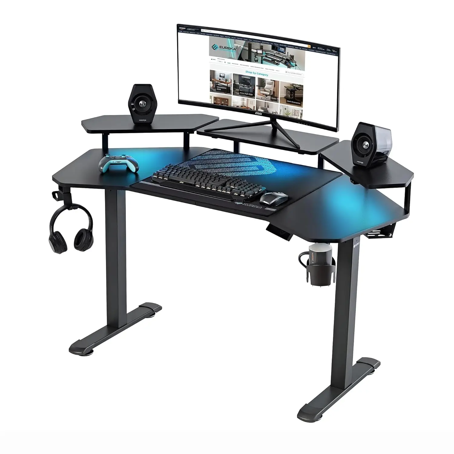 

55in W Shaped Electric Standing Desk Adjustable Gaming Desk LED Shelf Mouse Pad Hook Cup Holder Black, Customized