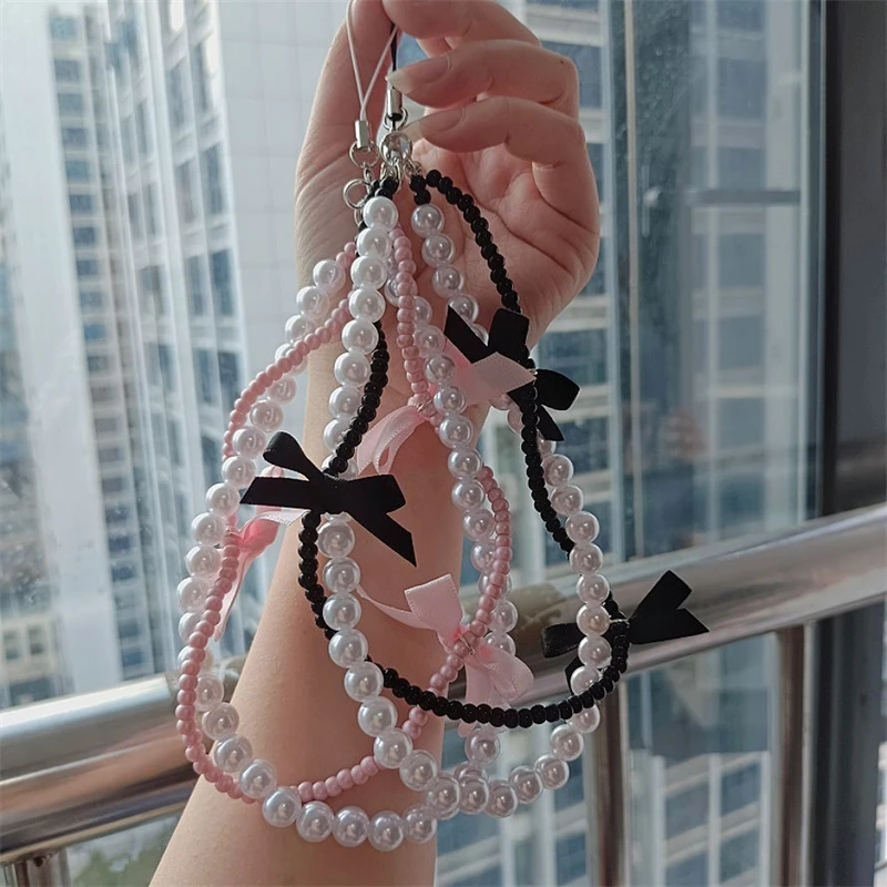 Korean Y2K Cute Pink Black Bow Beaded Phone Chain Charm Lanyard For iPhone Samsung Huawei Universal Accessories Jewelry Pendant