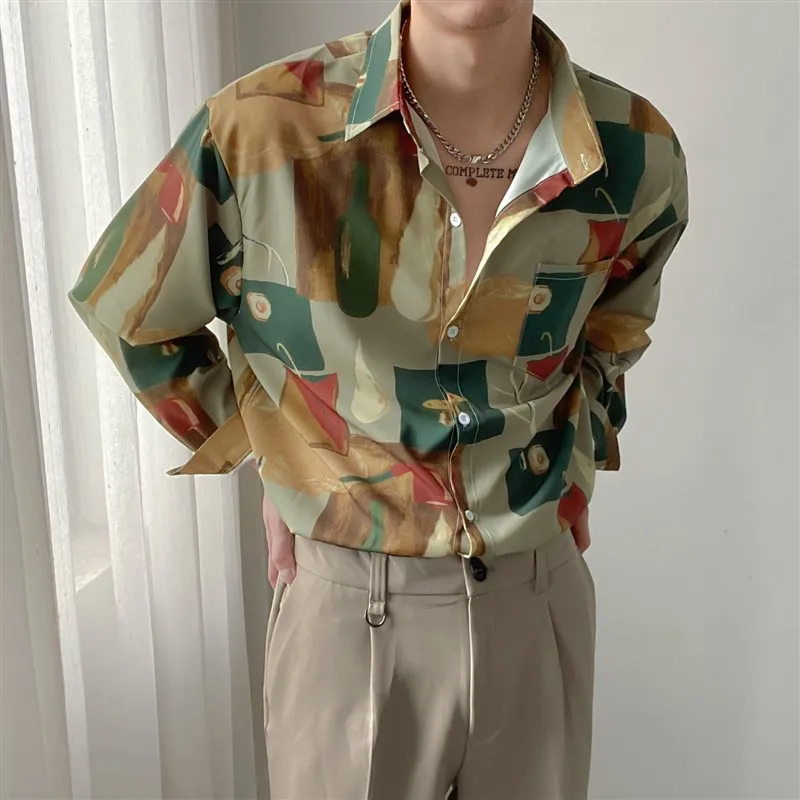 

Spring Autumn Korean Style Men's Floral Shirt Long Sleeve Retro Artistic Design Casual Top High End Drape Workwear Style