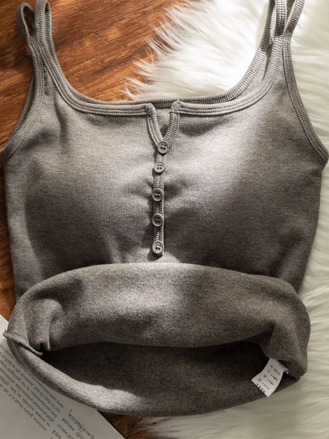 Warm Fleece Lined Thermal Underwear Women's Vest with Chest Pad Integrated Cup Inner Wear Base Top Button Back Design