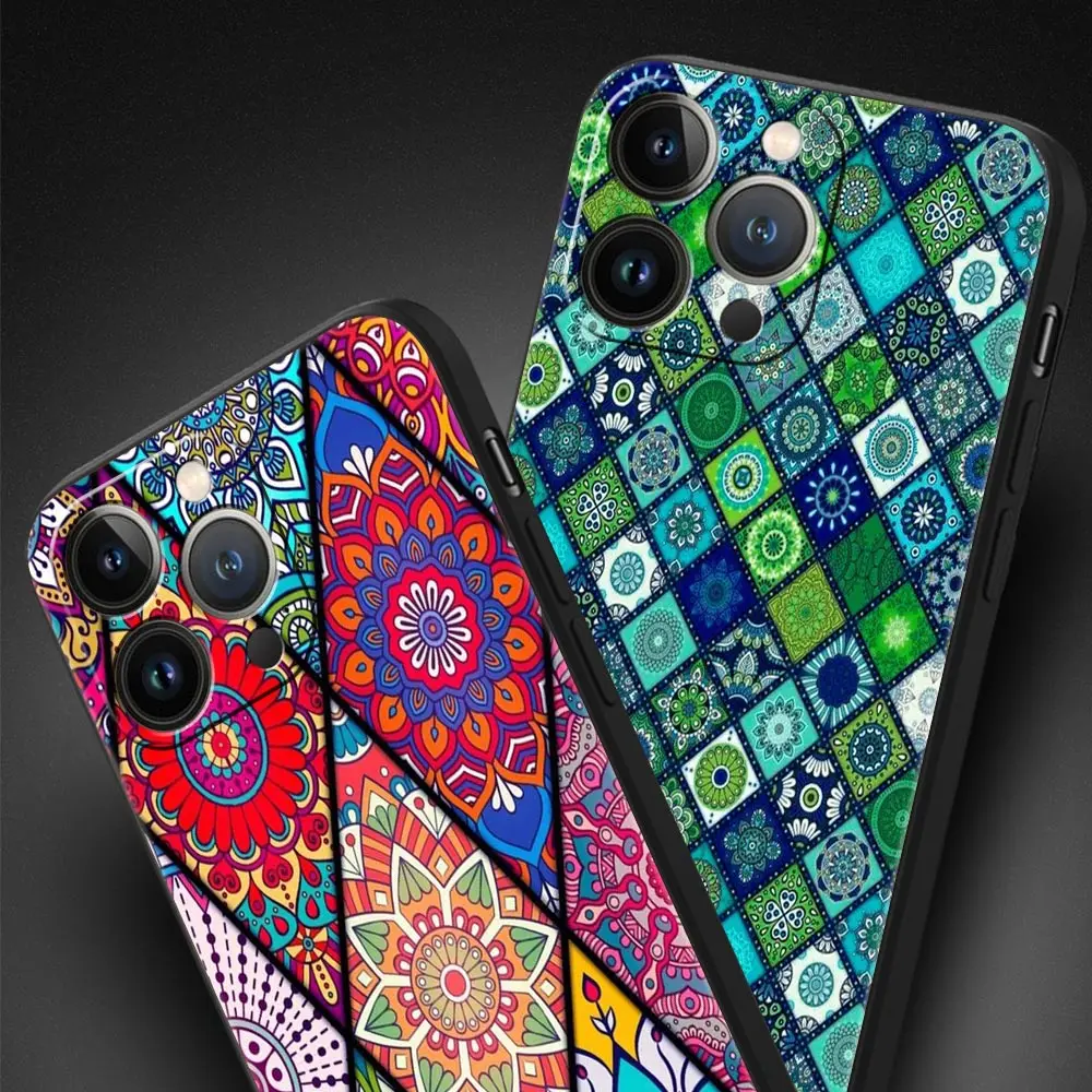 Mandala flor totem luxo caso de telefone para iphone 13 15 14 12 11 pro max xr x se xs 7 8 plus silicone preto capa proteção