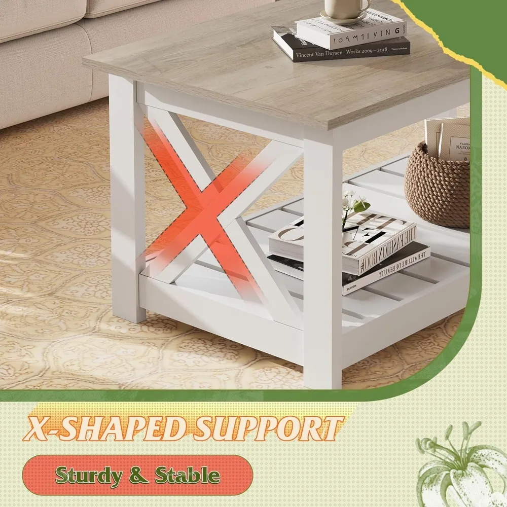 طاولة القهوة، 40.1 طاولة قهوة المزرعة مع رف تخزين شرائحي وإطار على شكل X، طاولة مركزية خشبية من طبقتين للمعيشة #4