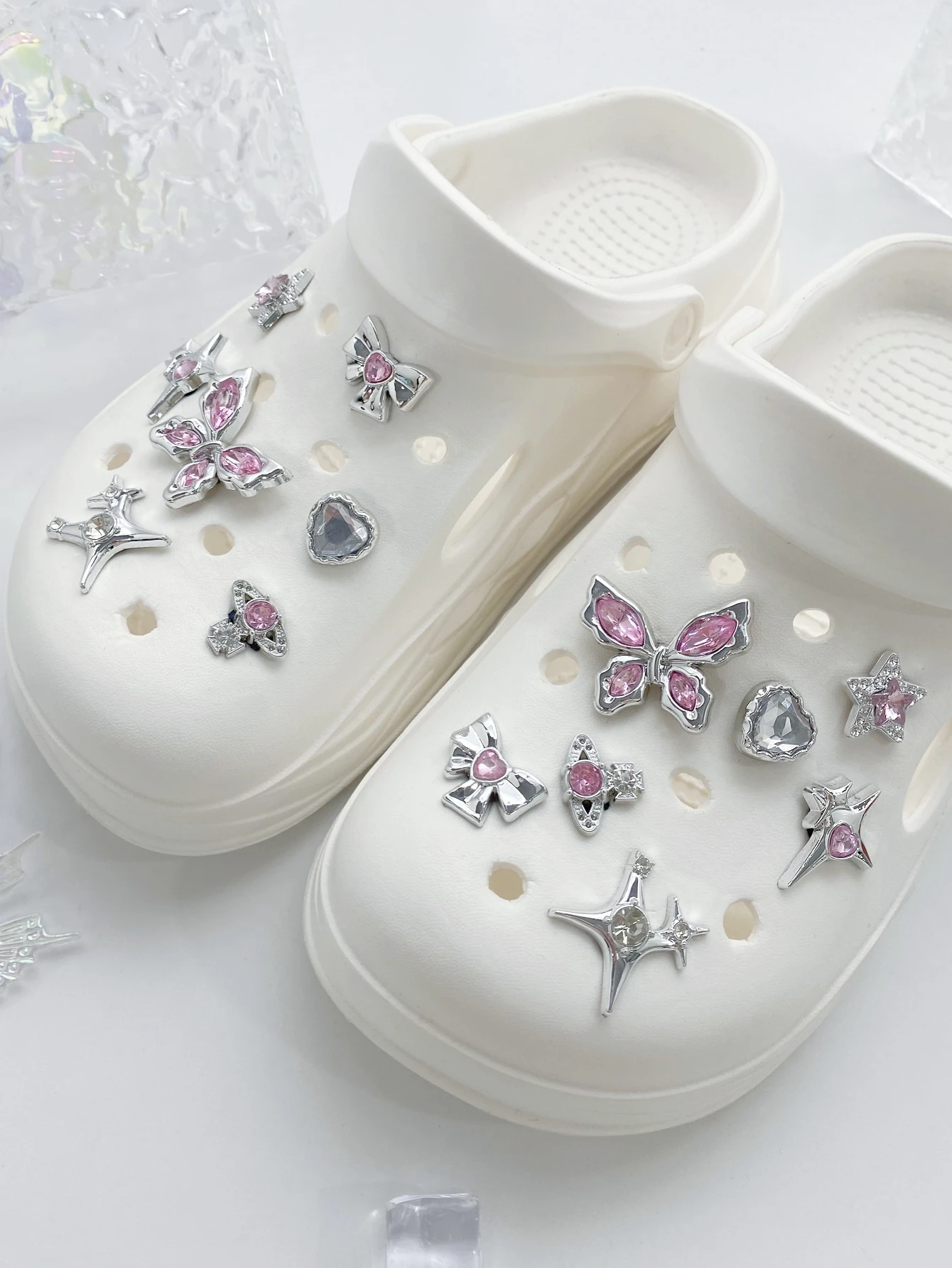 14 pcs Shoe Accessories (Silver Butterfly, Silver Heart, Silver Star) Shoe Accessories - easy to install detachable DIY decorati