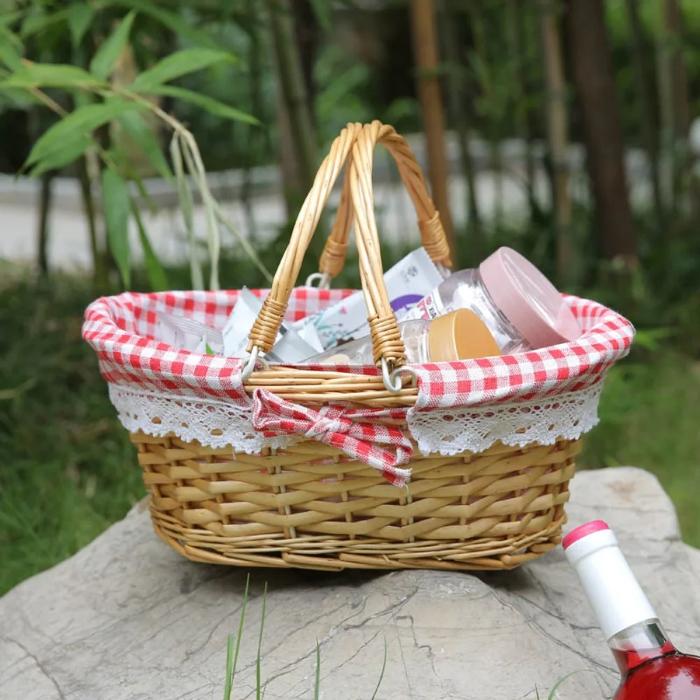 

Hand Woven Storage Basket with Handle Wicker Basket Linen Cloth Lining for Organizing Bread Fruit and Household Items