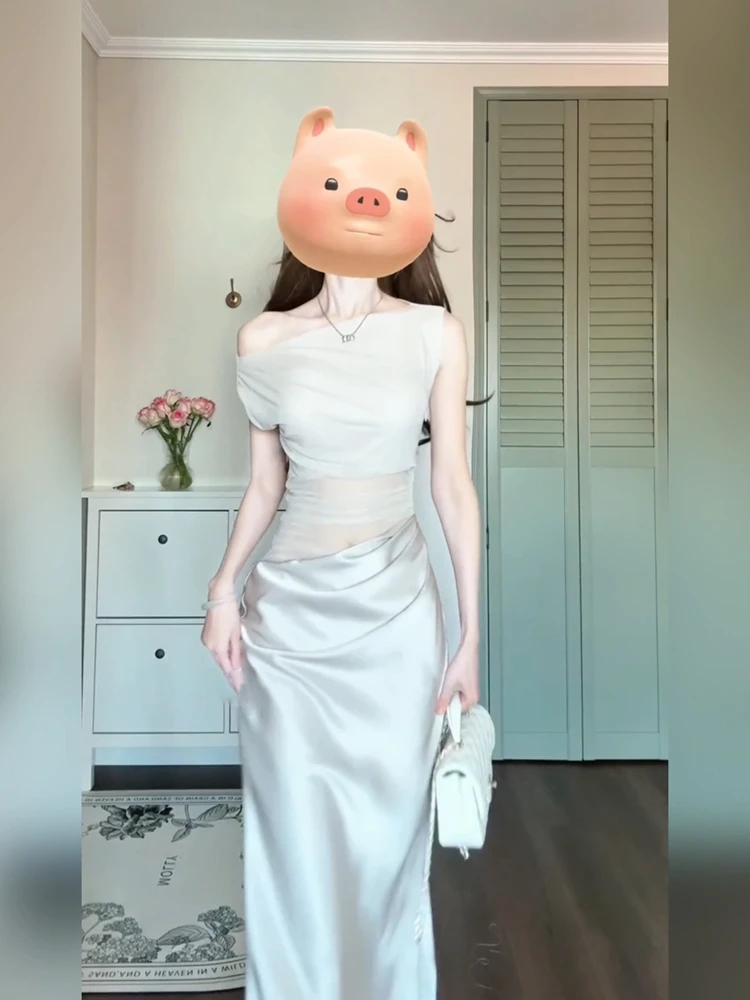 

XZY Sexy plus Size Women's Dr Casual Sle Patchwork Me Satin Long Skirt Svel One oulder Bodycon Summer Dr