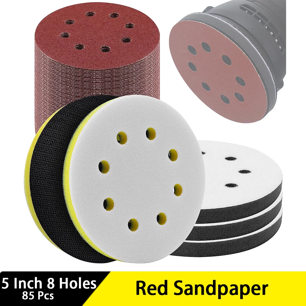 5 Inch 8 Holes Red Sandpaper 85 Pcs with Hook and Loop Upgraded Foam Sanding Pad for Polishing Car Body Wood and Metal ﻿