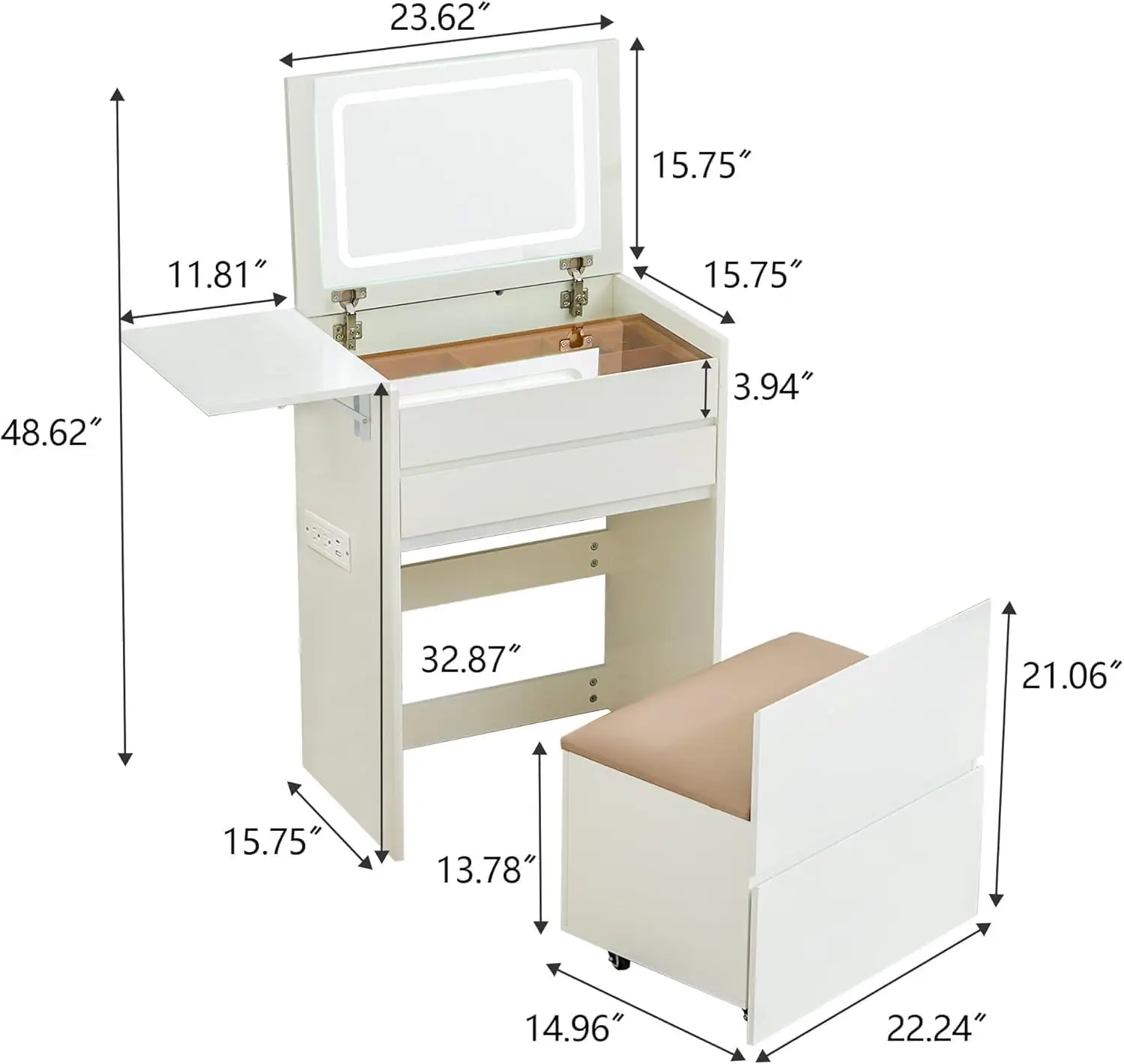 Small Makeup Vanity Desk with LED Mirror & Power Outlets, White with Stool, Customized