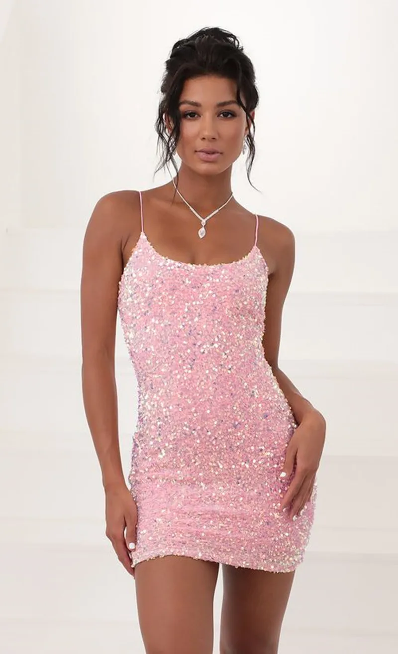 

Pink Velour Sequins Cocktail Dresses Spaghetti Straps Zipper Back Special Occasion Women Wear Short/Mini Prom Gowns