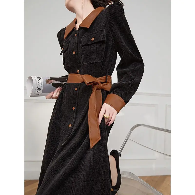 Black Hepburn Style Slimming Fashion Autumn Winter Autumn Color Matching French Temperament Socialite Retro Belly Covering Dress