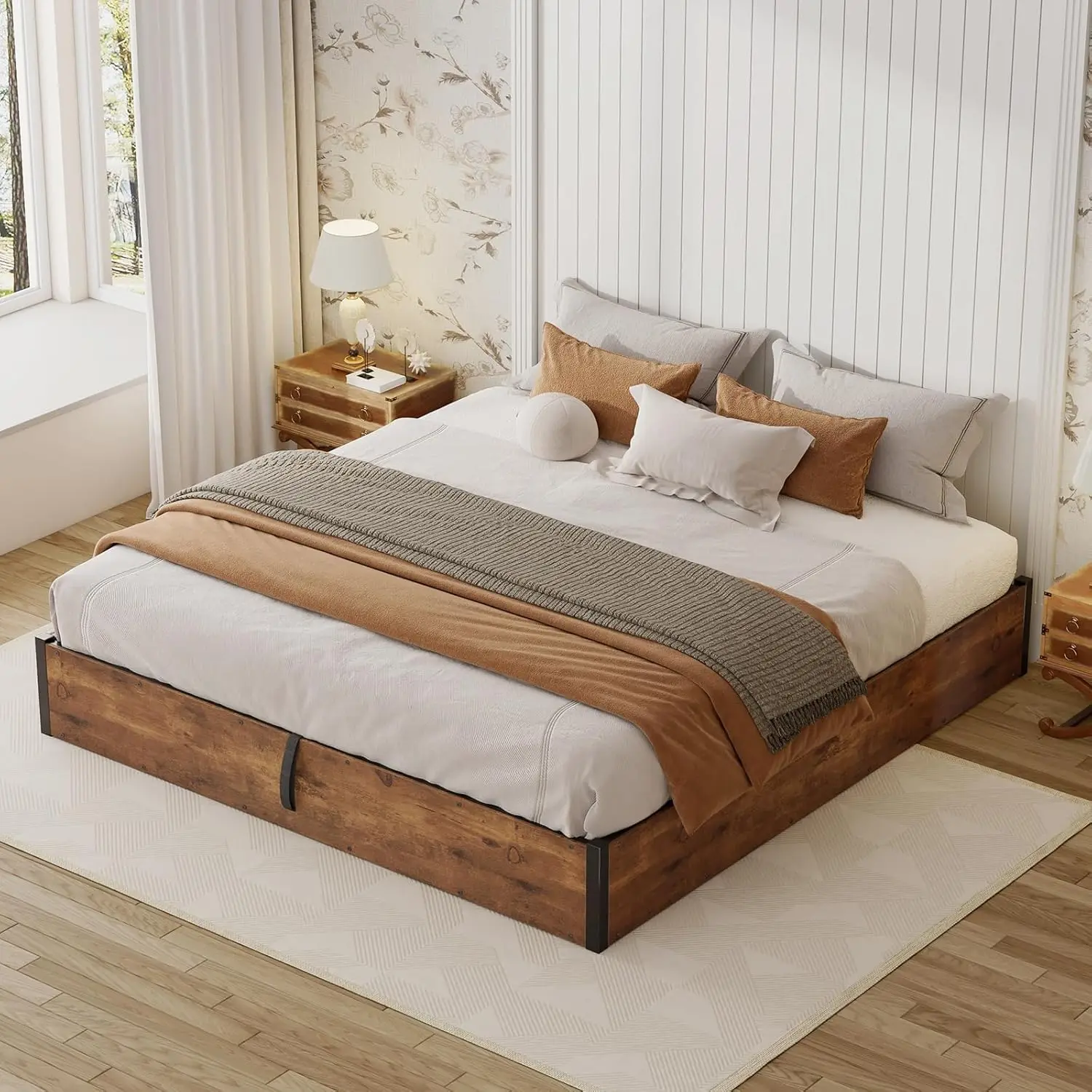 King Lift Up Storage Bed Frame Wooden Slats Platform Underneath Space No Box Spring Quiet Rustic Brown, Customized view 3