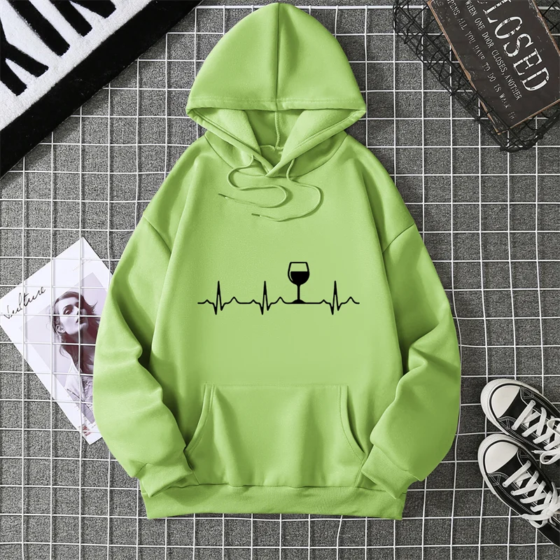 Vinho batimento cardíaco impressão moletom com capuz feminino manga longa o pescoço solto hoodies 2025 senhoras pullovers bolso quente jaqueta com capuz