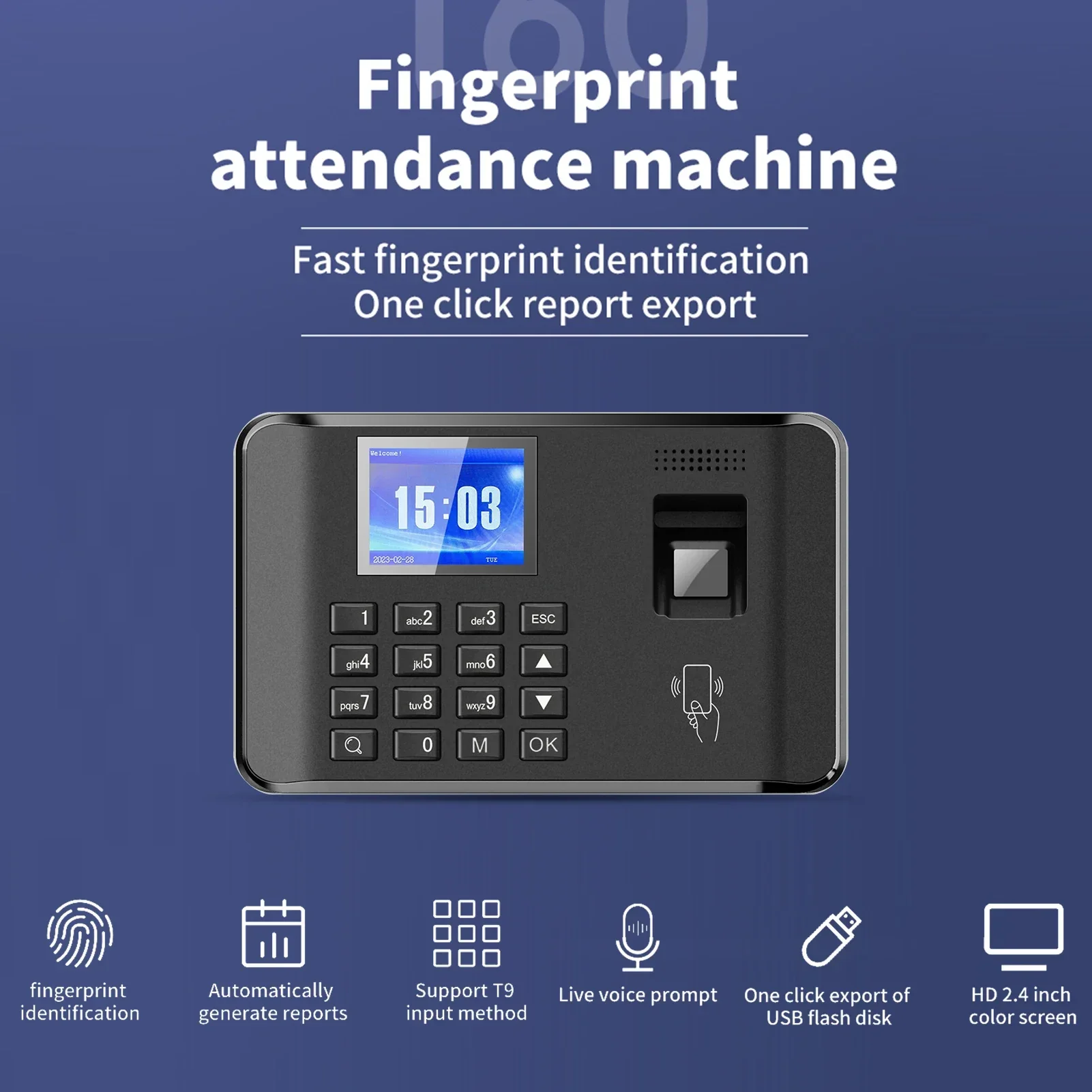 2.4 inch LCD Screen Intelligent Biometric Fingerprint Password Attendance Machine Time Clock Employee Checking-in Recorder