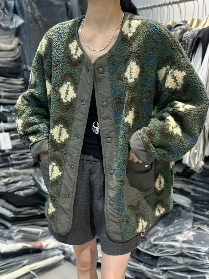 Women's Double-Sided Lamb Fur Jacket Thickened Printed Mid-Length Coat Korean Style Commute Pure E-commerce Polyester 
