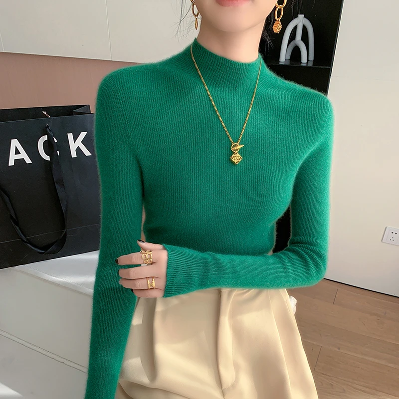 MVLYFLRT Seamless 100% Cashmere Sweater Women's Half High Collar Pullover Slim Fit Knit Base Sweater One line molded Tops