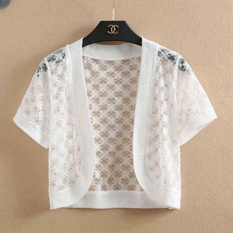 Summer New Cardigan For Women S-5xl Short Sleeve Lace Hollowing Out Coat Tops Black White Women's Clothing Ropa De Mujer Ofertas