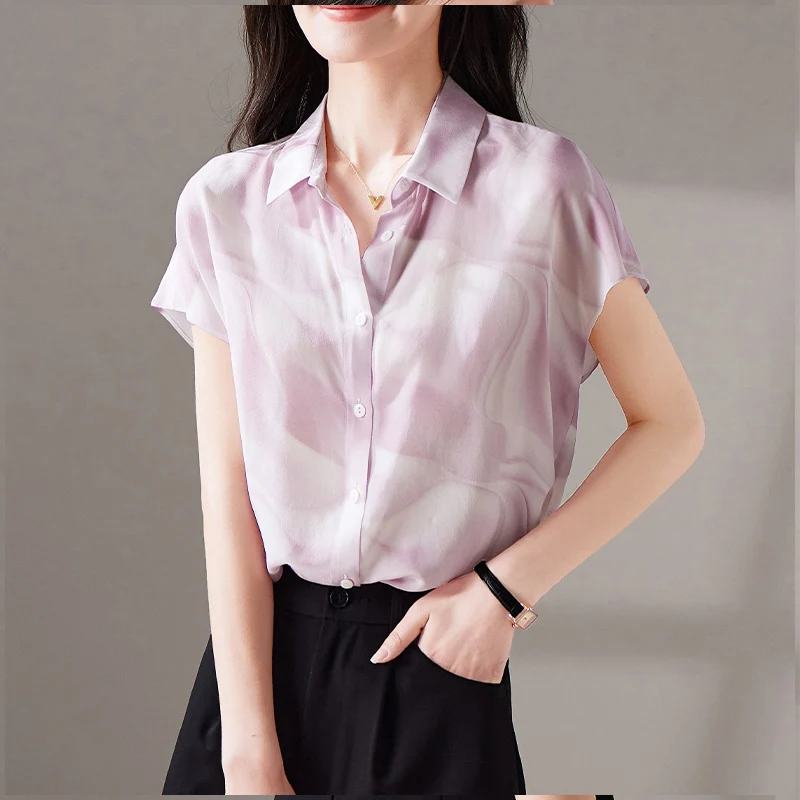 Summer New Turn-down Collar Fashion Short Sleeve Shirt Women High Street Casual Loose Button Cardigan Printing Elegant Blouse