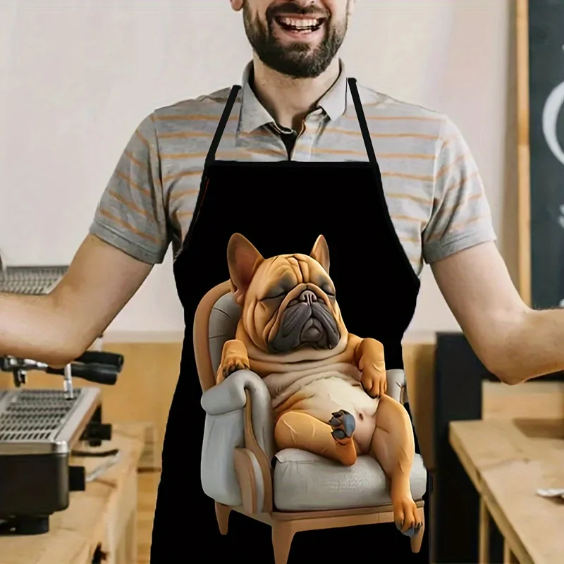 [Gentle] Cute French Bulldog in Sofa Design Kitchen Apron - Black, Adjustable Neck Durable Polyester, Fun & Relaxed Puppy Print,