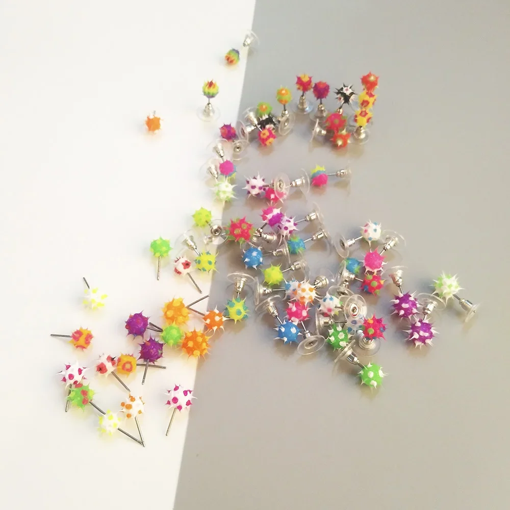32 Patterns Japanese Korean Style Colorful Silicone Ball Earrings For Girls Teens Childlike Piercing Earrings Stud Children Gift