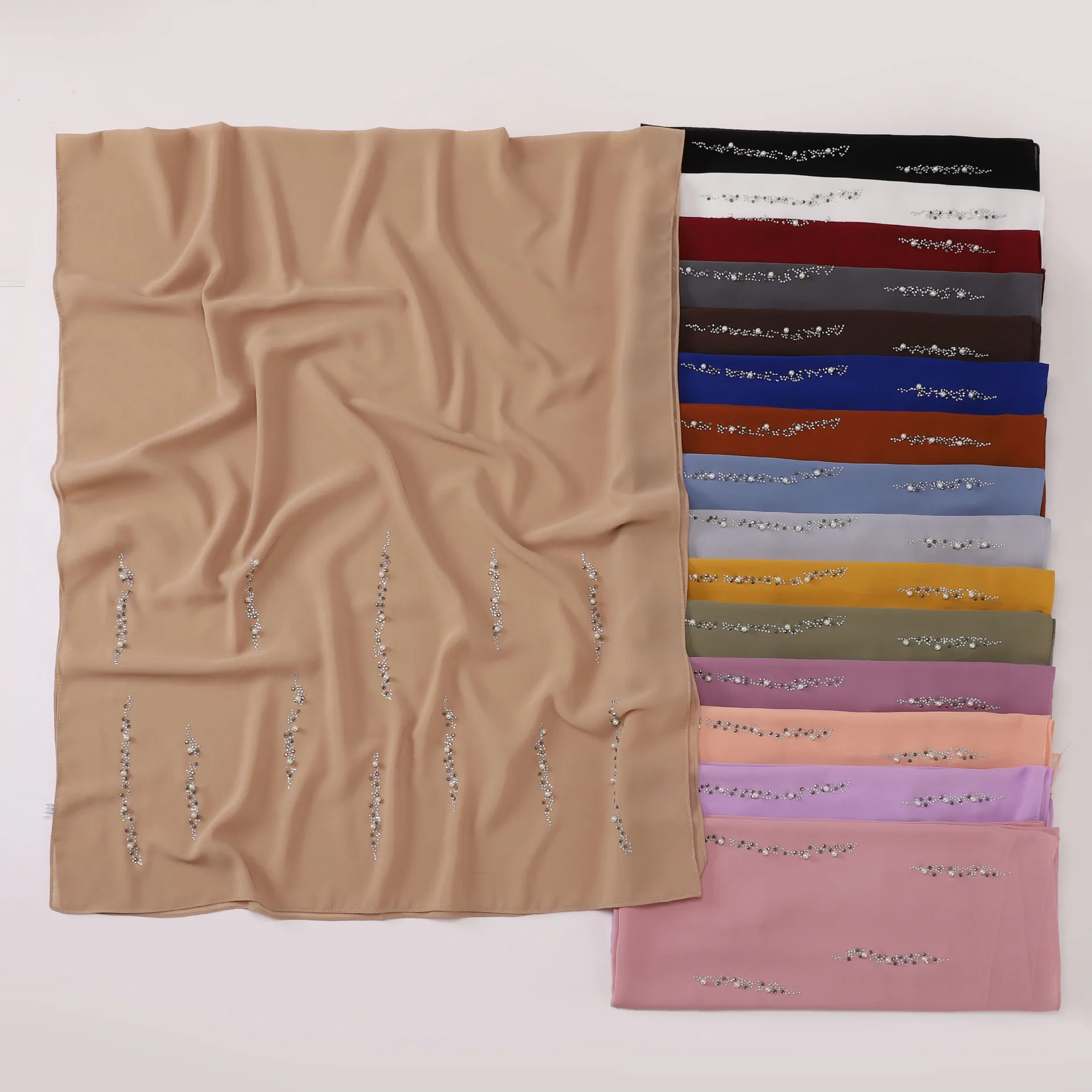 

Новый длинный хиджаб из шифона с жемчугом, мусульманский платок, шарф с стразами, тюрбан, исламская блестящая шаль, накидка, вуаль, бандана, повязка на голову