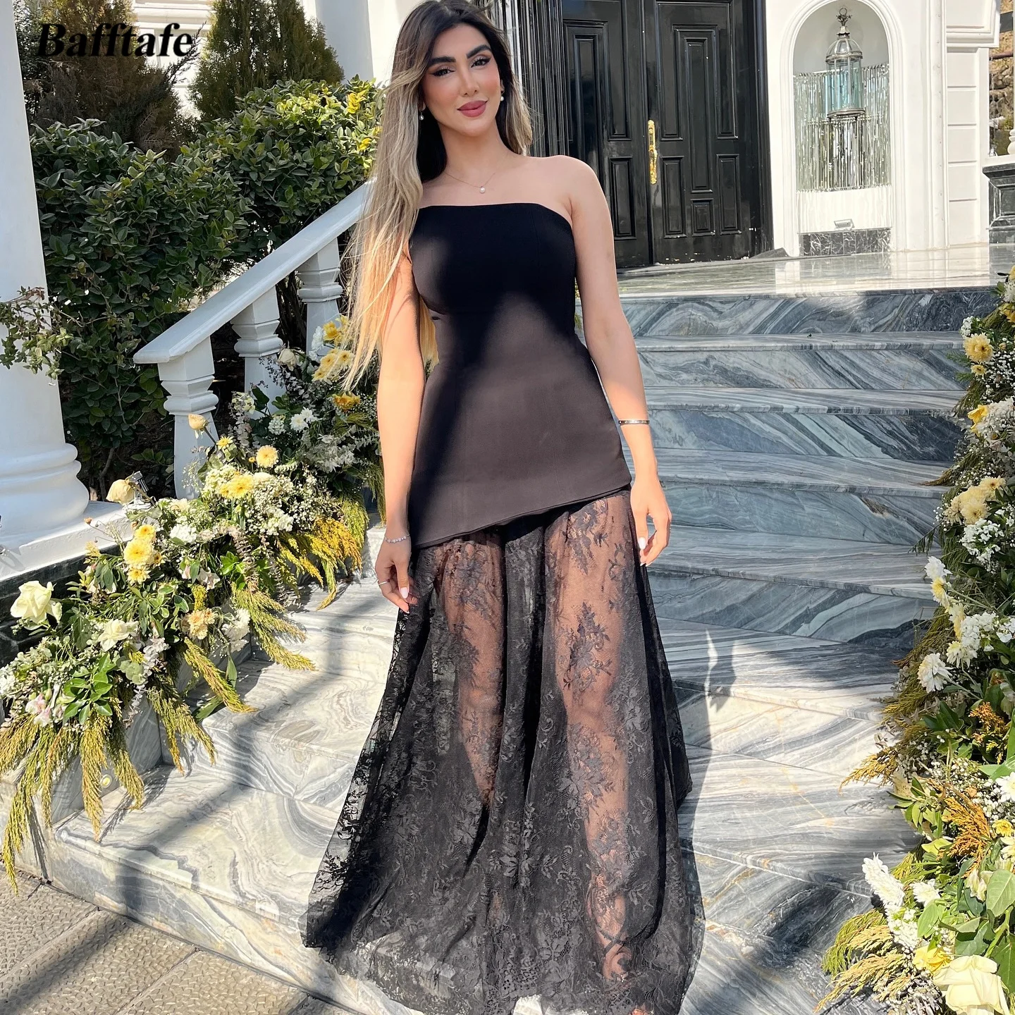 

Bafftafe Customized Long Crepe Lace Prom Dresses Floor Length Women's Formal Evening Gowns Corset Back Wedding Engagement Dress