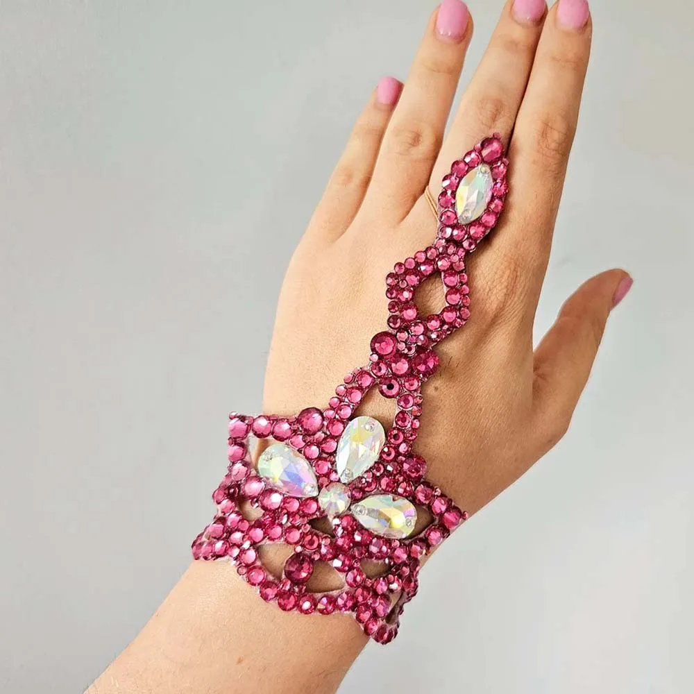 Stonefans Rose Pink Ballroom Dance Bracelet Charm Femme Latin Jewelry Gown Latin Dress Rhinestone Cuff Hand Chain Jewelry Ring