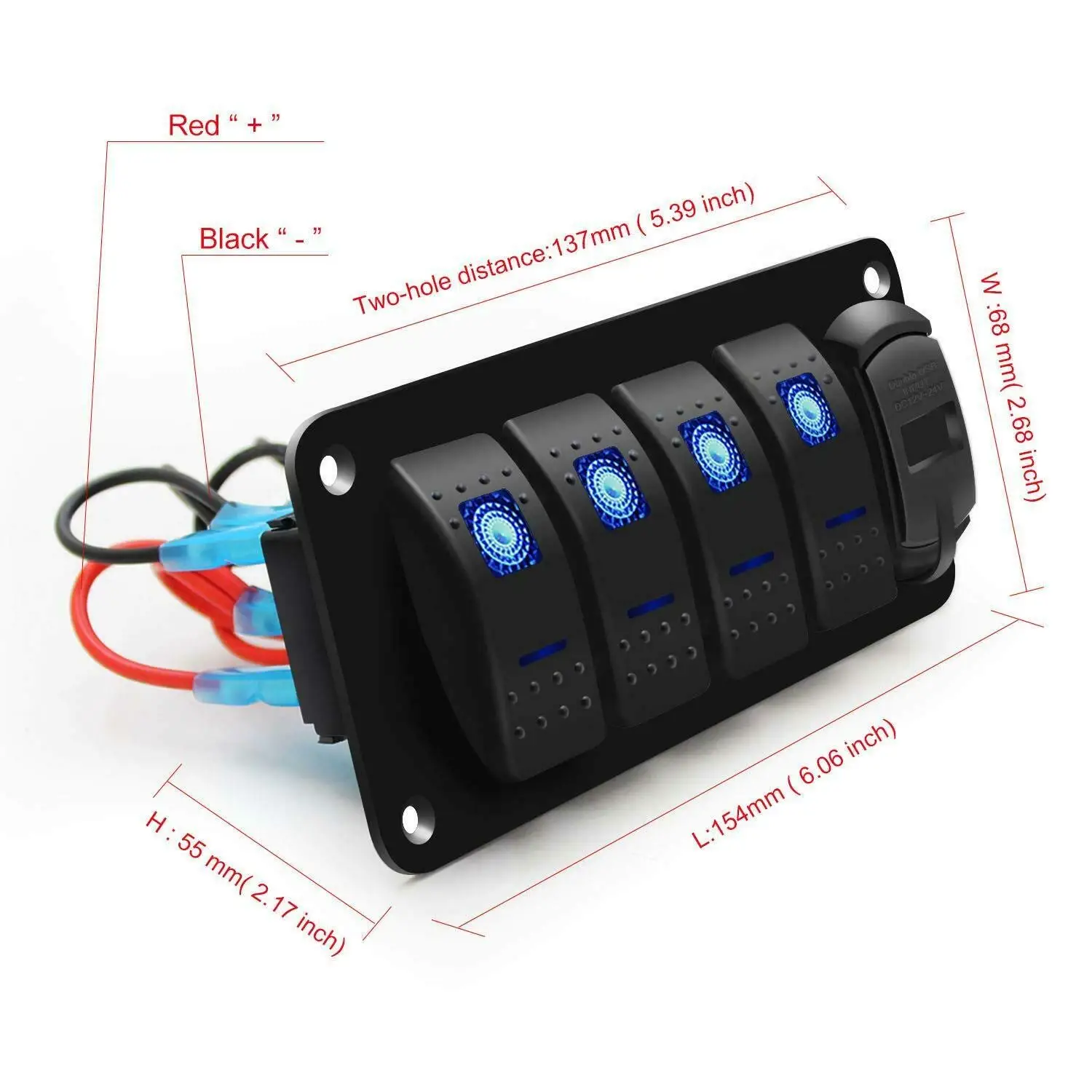 4 Gang Rocker Switch Panel - 5 Pin on Off Toggle Switch Blue LED Backlit Wiring Harness for Boat Car Marine ATV UTV