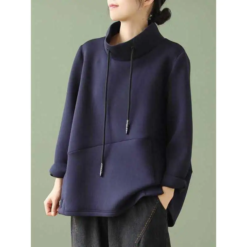 

Толстовки для женщин с большим размером, свободная осенняя водолазка с длинными рукавами и шнурком, универсальная повседневная толстовка