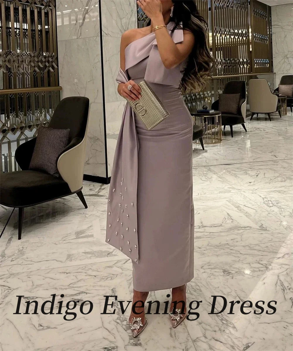 Indigo-vestido de noche de satén hasta el tobillo para mujer, traje de fiesta Formal con cuentas y lazo de sirena, sencillo y elegante, 2024